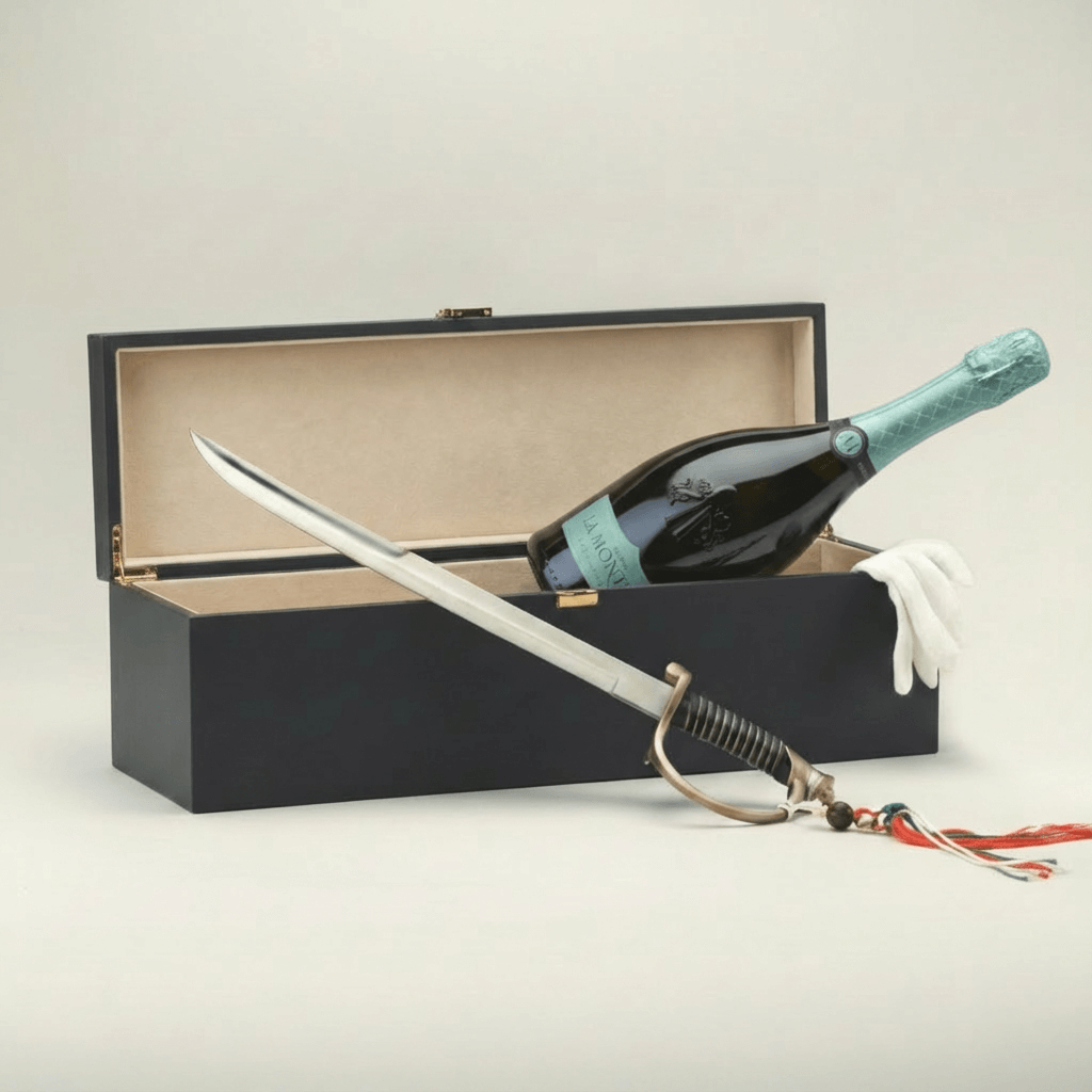 La Montina Franciacorta Satèn Geschenkset mit Sabel und Flasche in edler Geschenkbox.
