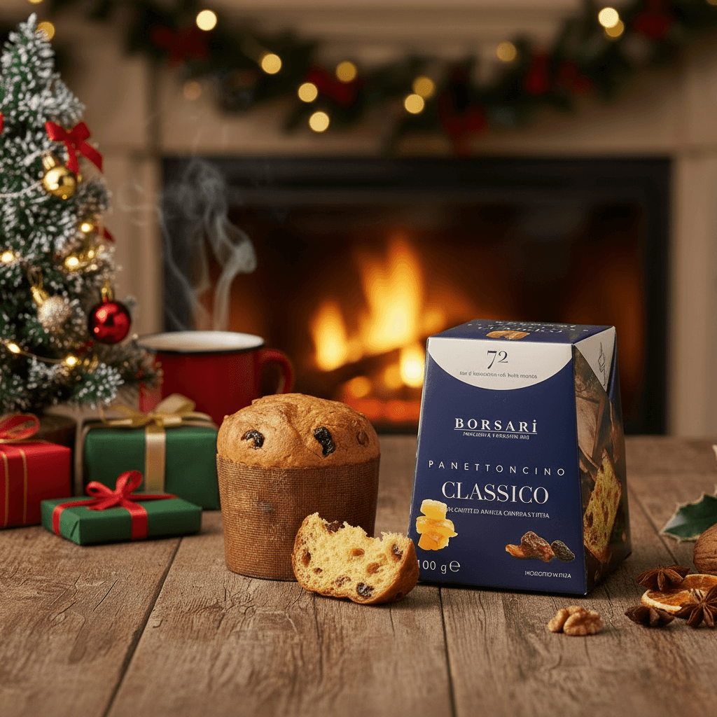 Mini Panettone Weihnachtskuchen Borsari in festlicher Umgebung vor einem Kamin.
