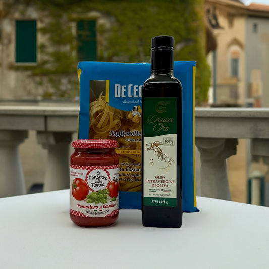 Italienisches Genuss-Trio: Tagliatelle, Basilikum-Tomatensauce & Drupa Oro Olivenöl