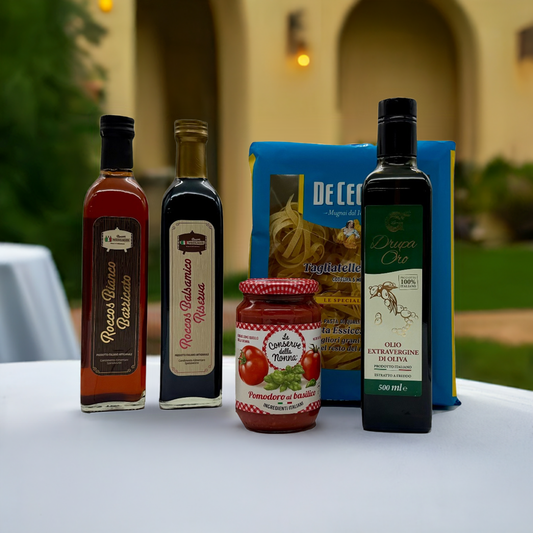 Italienisches Premium-Paket: Tagliatelle, Basilikum-Tomatensauce, Drupa Oro Olivenöl & Haus-Balsamico-Kombipaket