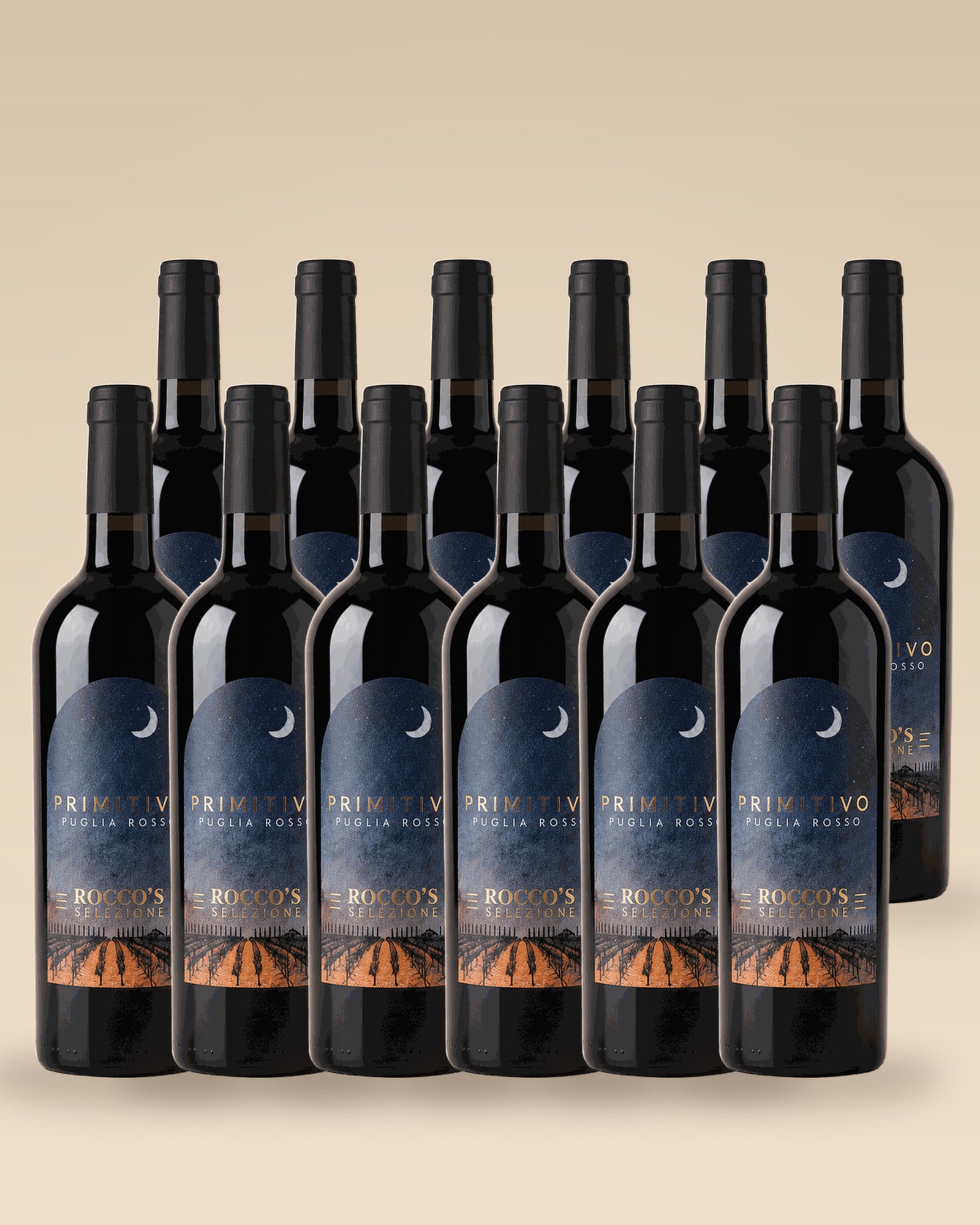 Vorrats-Karton: 12 Flaschen Roccos Selezione Primitivo Puglia Rosso vor beigem Studiohintergrund