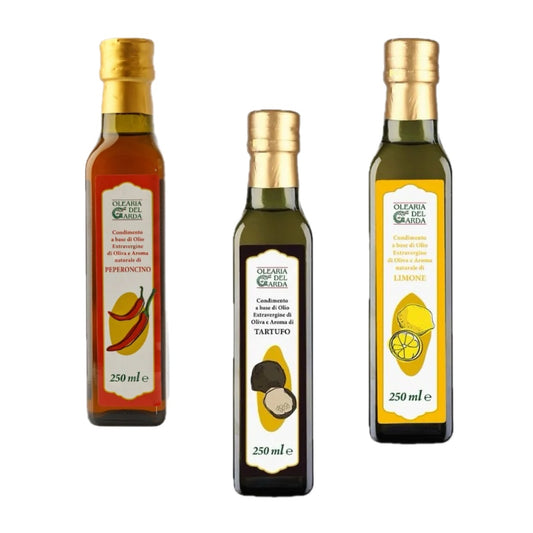 Olearia del Garda – Set aromatisierte Olivenöle (Peperoncino, Trüffel, Zitrone) – 3 x 250 ml