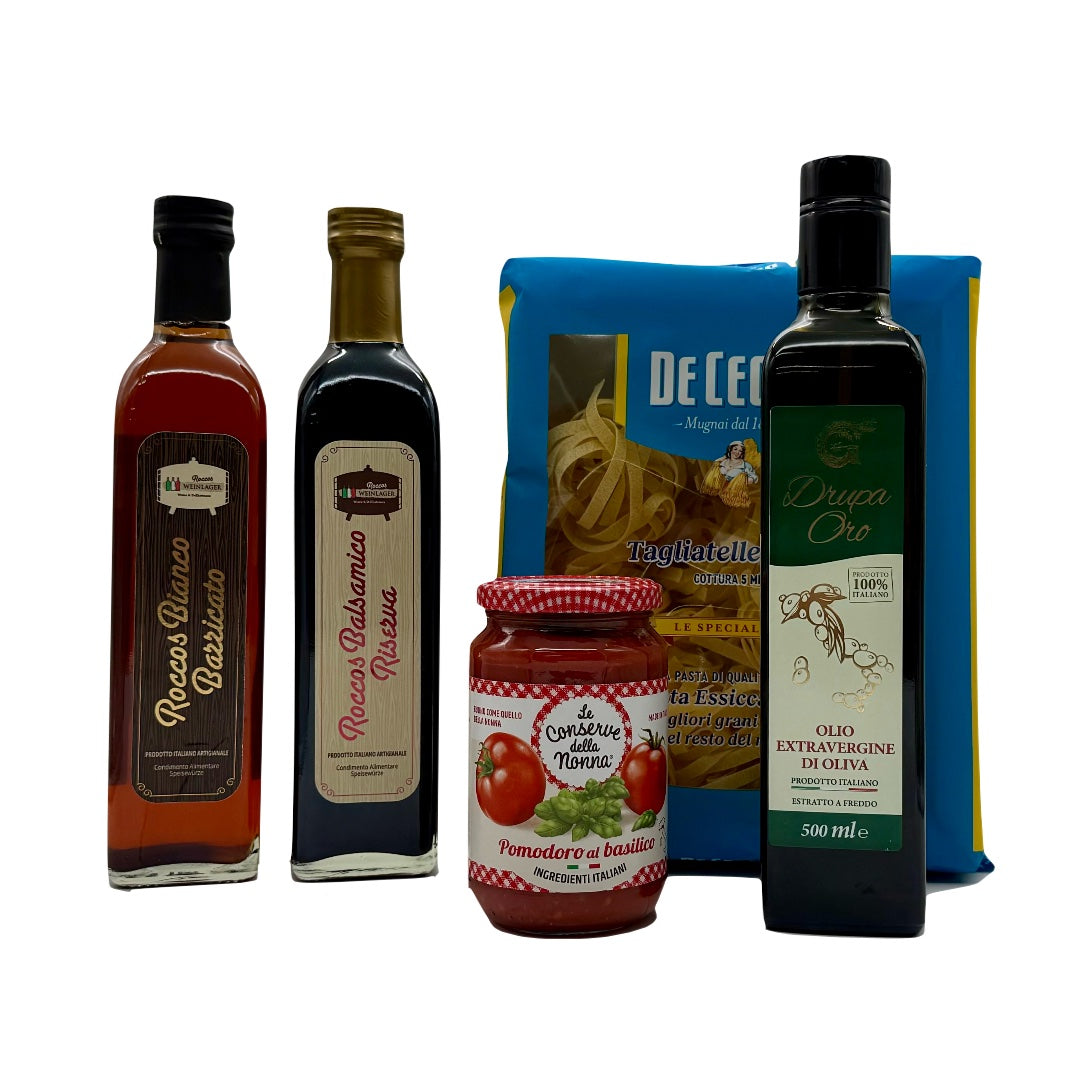 Italienisches Premium-Paket: Tagliatelle, Basilikum-Tomatensauce, Drupa Oro Olivenöl & Haus-Balsamico-Kombipaket