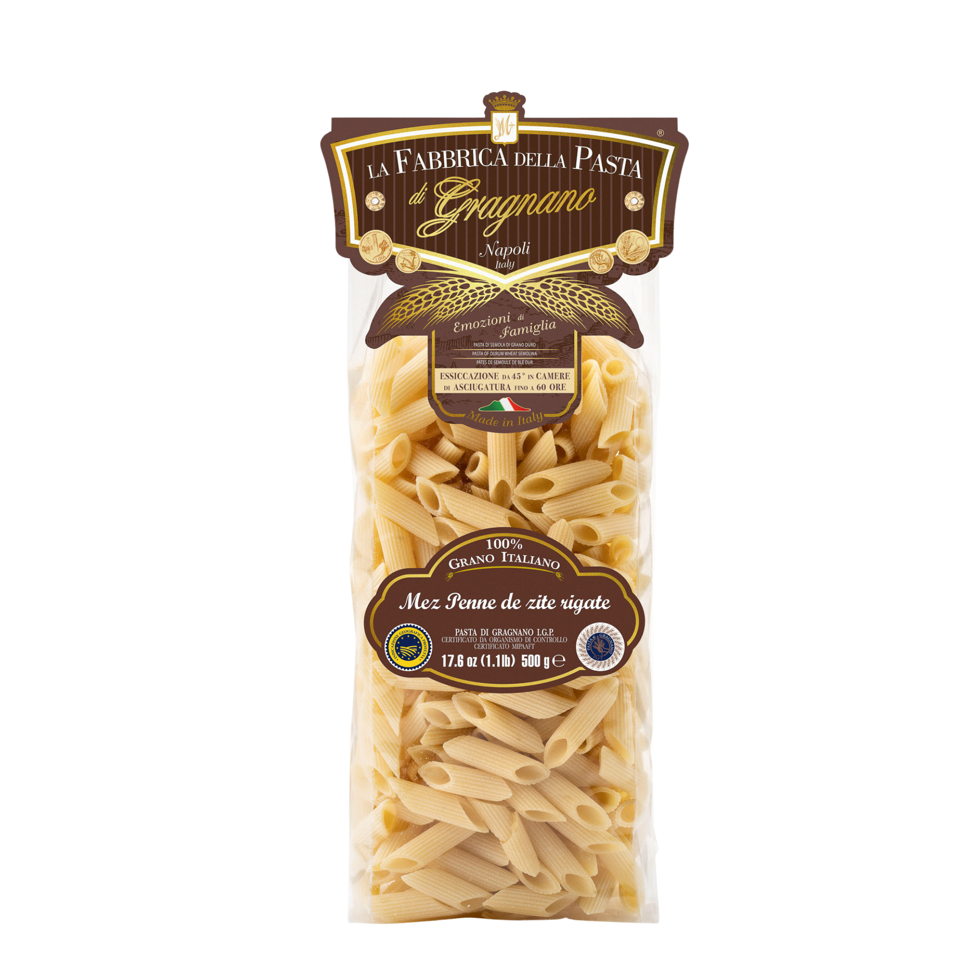 Mezze Penne „de zite“ rigate IGP 500 g – Verpackung