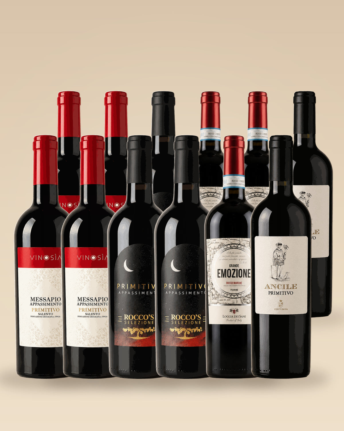 Vorteilspaket Rocco's Rotwein: 12 Flaschen Rotwein vor beigem Studiohintergrund