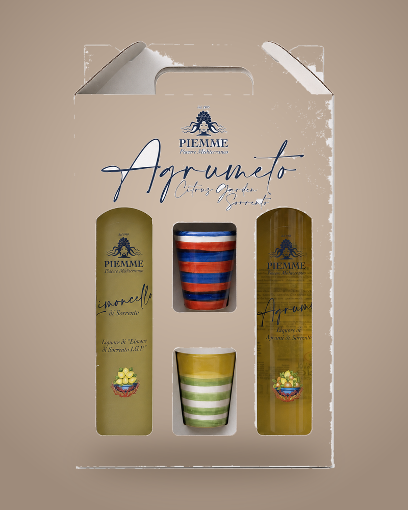Piemme Agrumeto Geschenkset Limoncello di Sorrento und Agrumi mit zwei Keramikbechern