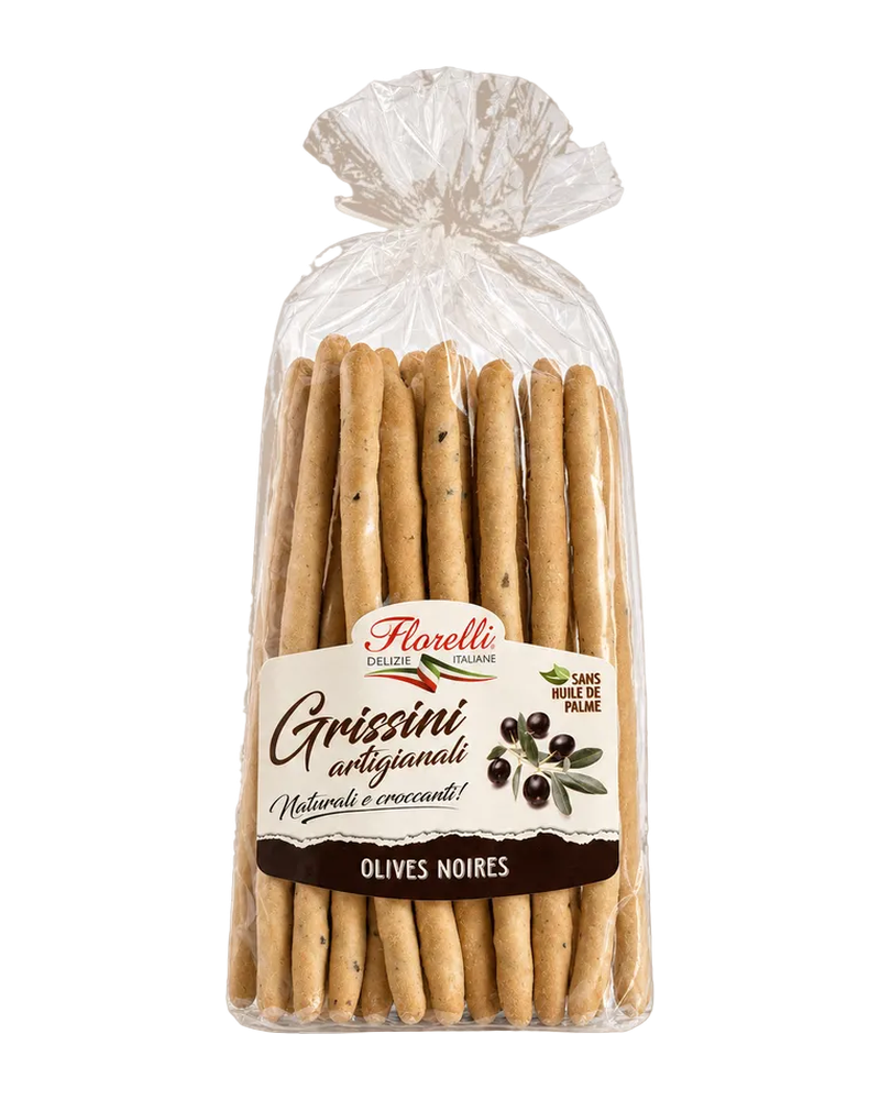 Florelli Grissini artigianali mit schwarzen Oliven 300 g Freisteller