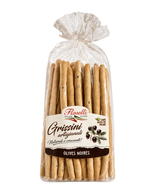 Florelli Grissini artigianali mit schwarzen Oliven 300 g Freisteller