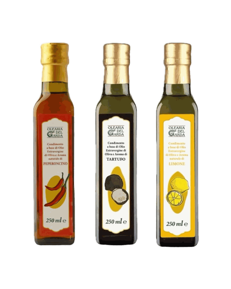 Olearia del Garda Set aromatisierte Olivenöle Peperoncino Trüffel Zitrone 3 x 250 ml