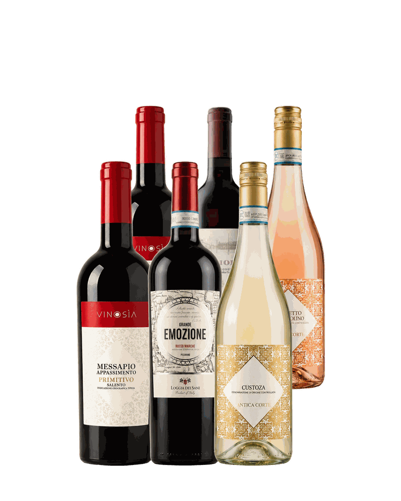 Probierpaket Pasta e Vino: 6 Flaschen vor beigem Studiohintergrund
