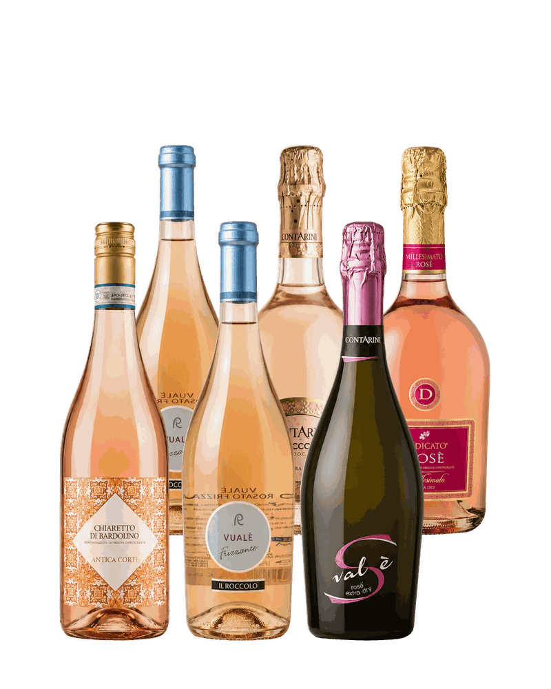 Probierpaket Rosé & Bollicine: 6 Flaschen Rosé und Schaumwein vor beigem Studiohintergrund